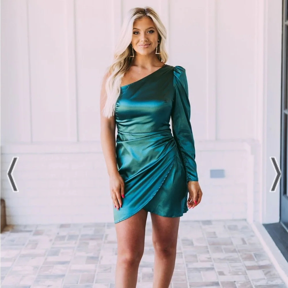 These Three Boutique Green Satin Dress | One shoulder satin dress - Picture 1 of 10